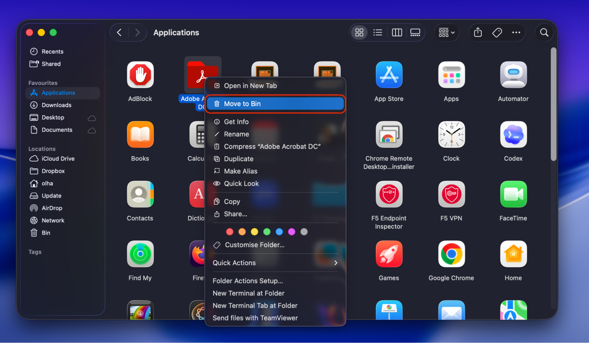 The final step in cleaning your Mac of malware or unwanted apps is to open the Applications folder, where you select unnecessary apps, and move them to the Bin.