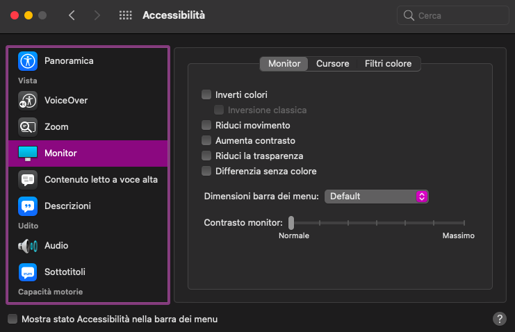 Per ulteriori regolazioni e manutenzione del sistema dopo l'aggiornamento, visitate Preferenze di sistema > Accessibilità > Monitor. Qui è possibile ridurre gli effetti visivi per migliorare la reattività del Mac dopo gli aggiornamenti.