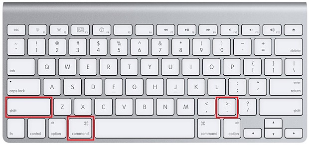 Apple laptop keyboard with the Shift, Command, and Period keys highlighted, the shortcut that reveals hidden folders like opt.