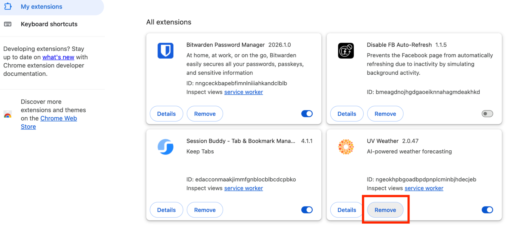 Now, you can see the list of the available extensions in your Chrome on Mac. Find the one(s) you want to delete and click to Remove.
