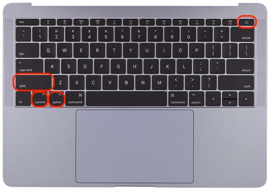 On MacBooks with built-in batteries, hold Shift + Control + Option and the Power button together for 10 seconds, then release all keys to reset SMC.