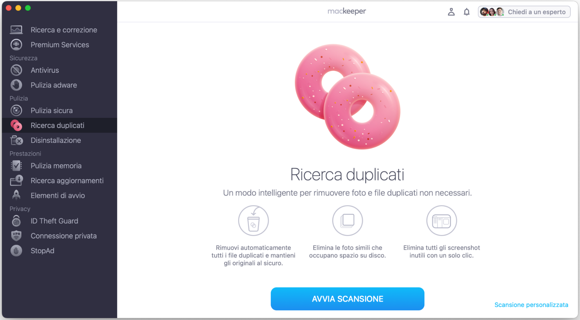 Avvia MacKeeper, seleziona Ricerca Duplicati e clicca Avvia Scansione per iniziare il processo di ricerca dei duplicati.