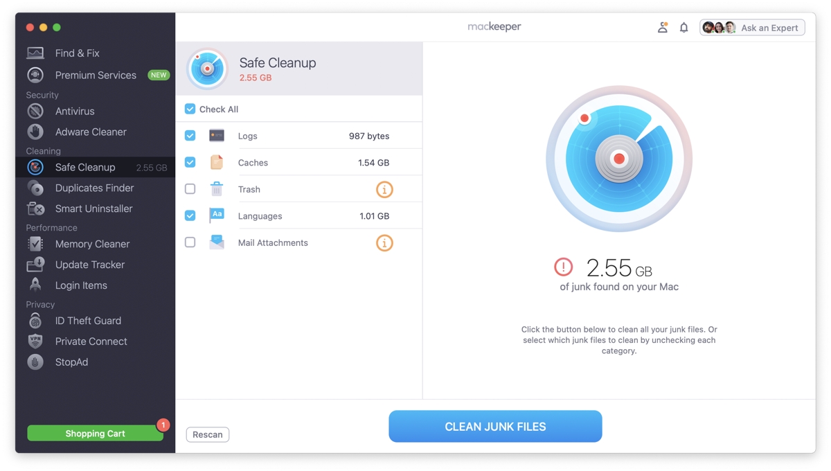 When the scan is finished, review the list of items to remove. Tick the files you want to remove from your Mac, including movies, and click Clean Junk Files.