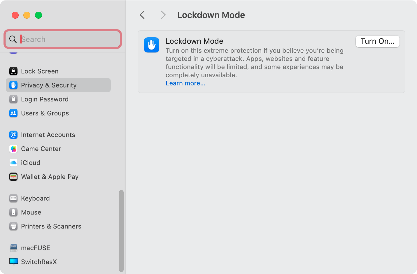 The macOS Lockdown mode, introduced with macOS Ventura, is an extreme security protection, designed to be used when you're targeted by a cyber attack.