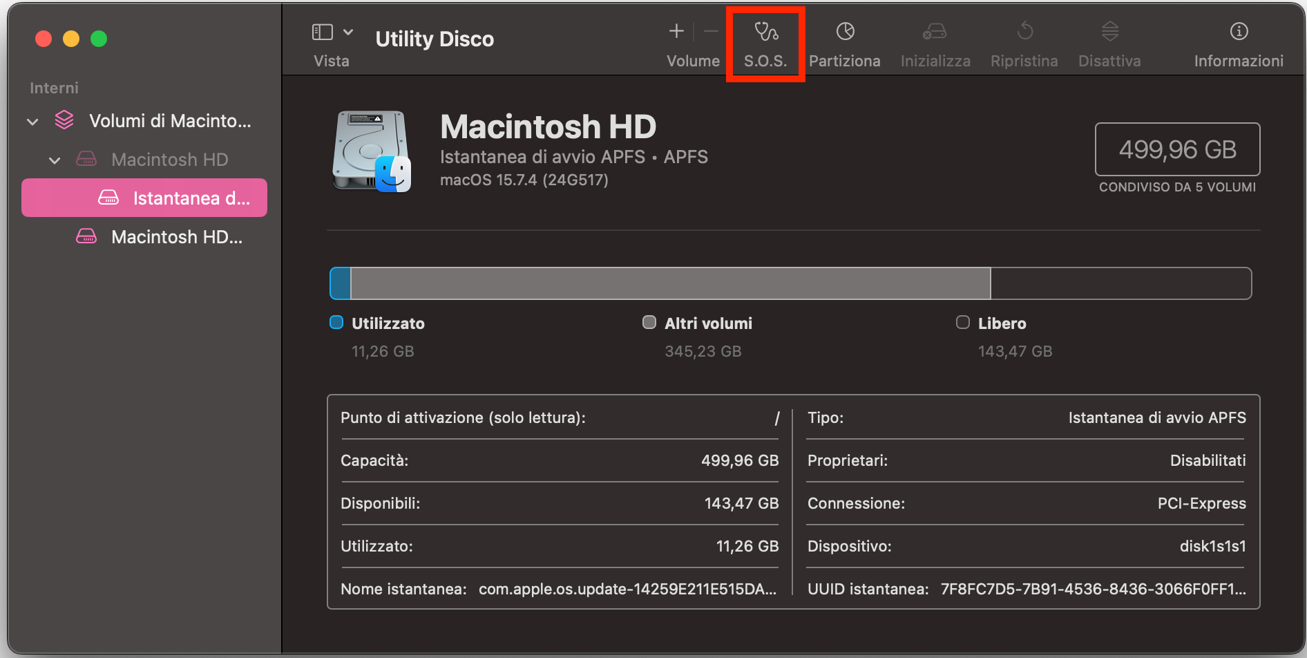 Nell’app Utility Disco, seleziona il disco di sistema e fai clic sul pulsante SOS.