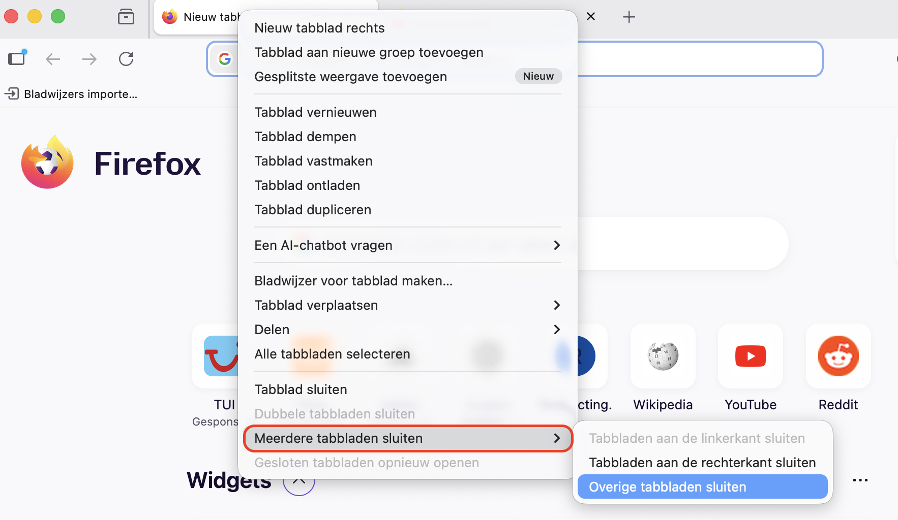 Klik in Firefox met de rechtermuisknop op een open tabblad, kies Meerdere tabbladen sluiten in het menu en selecteer vervolgens Andere tabbladen sluiten om geheugen te besparen.