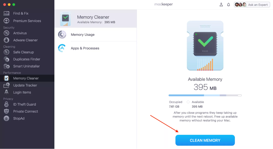 To clear memory on your Mac device, click Clean Memory in MacKeeper’s Memory Cleaner.