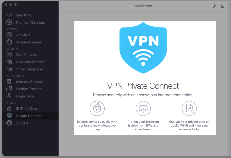 MacKeeper VPN Private Connect tab open on macOS, highlighting anonymous browsing features inside the Mac security suite's Private Connect panel.