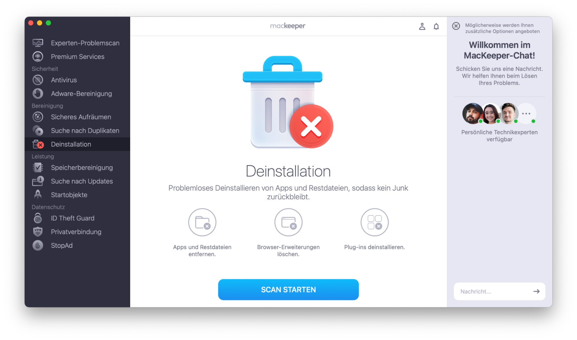 Deinstallation von MacKeepers vor dem Ausführen eines Scans. So entfernen Sie verdächtige Software von Ihrem Mac, als Teil einer Anleitung, wie man gefälschte McAfee-Pop-ups auf dem Mac blockieren kann.