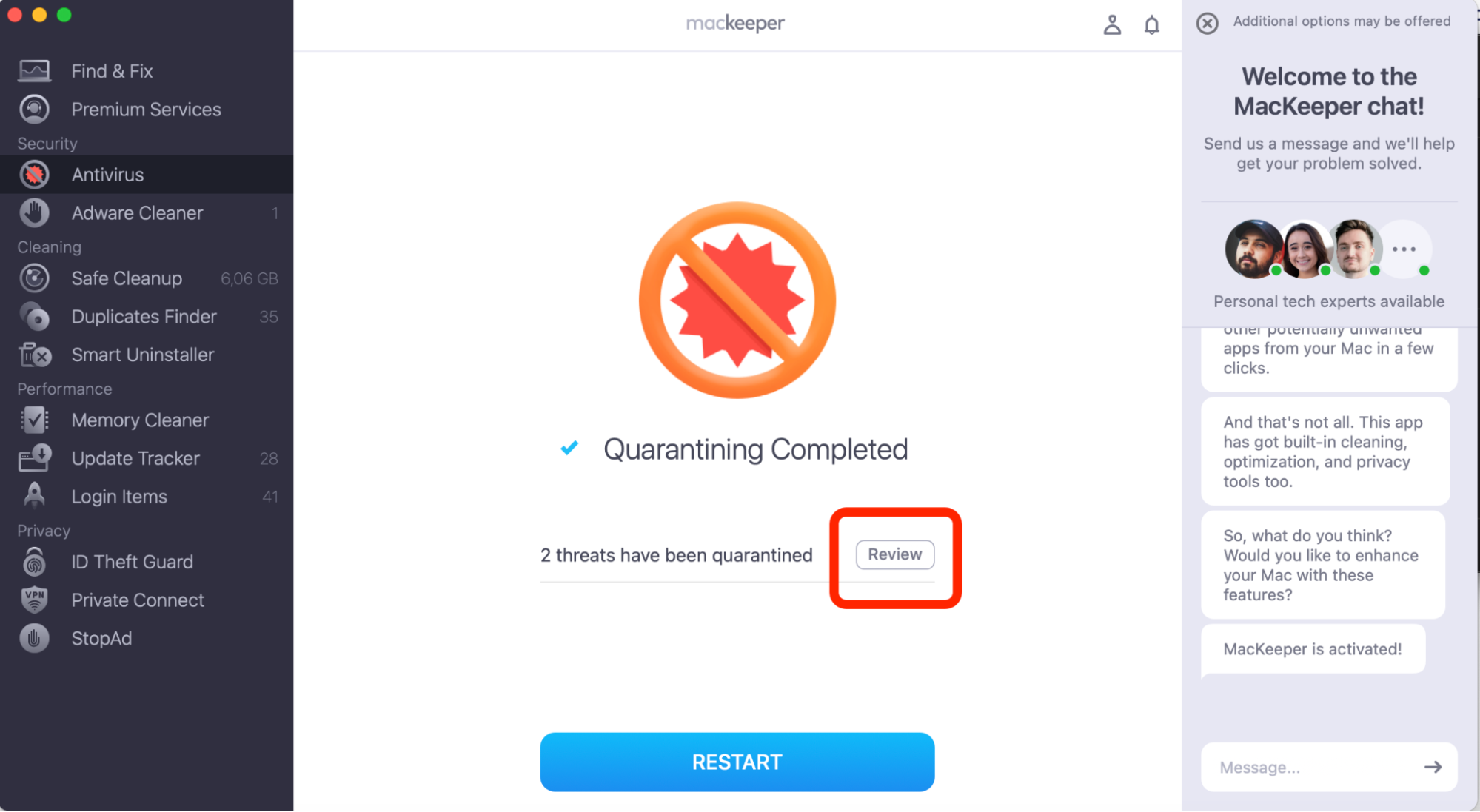 If everything goes right, you'll see the Quarantining Completed message in the MacKeeper app. Then, you can see the Review details or Restart the scan again if needed.