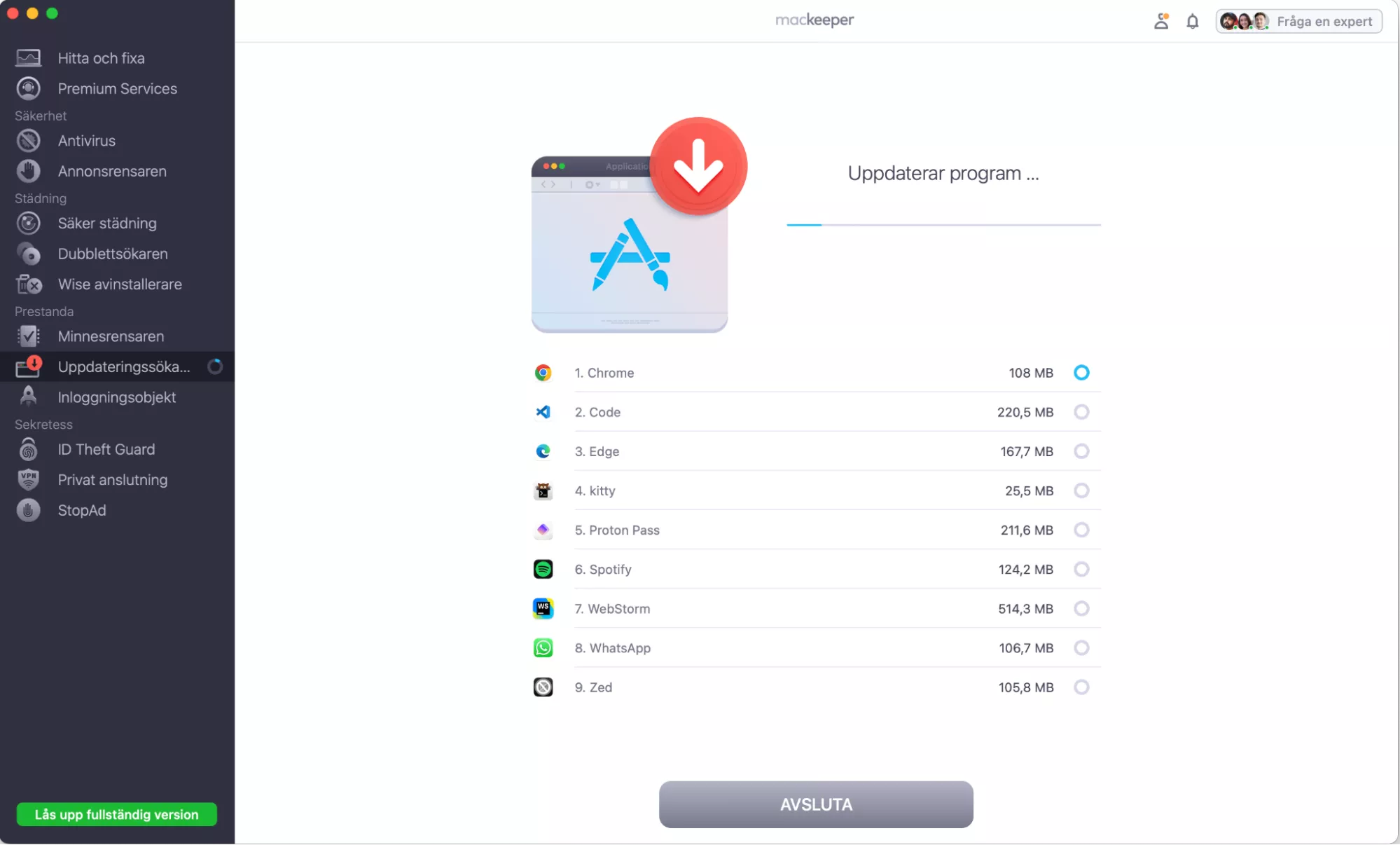 Vänta tills Uppdateringssökaren i MacKeeper är klar med att uppdatera de valda apparna.