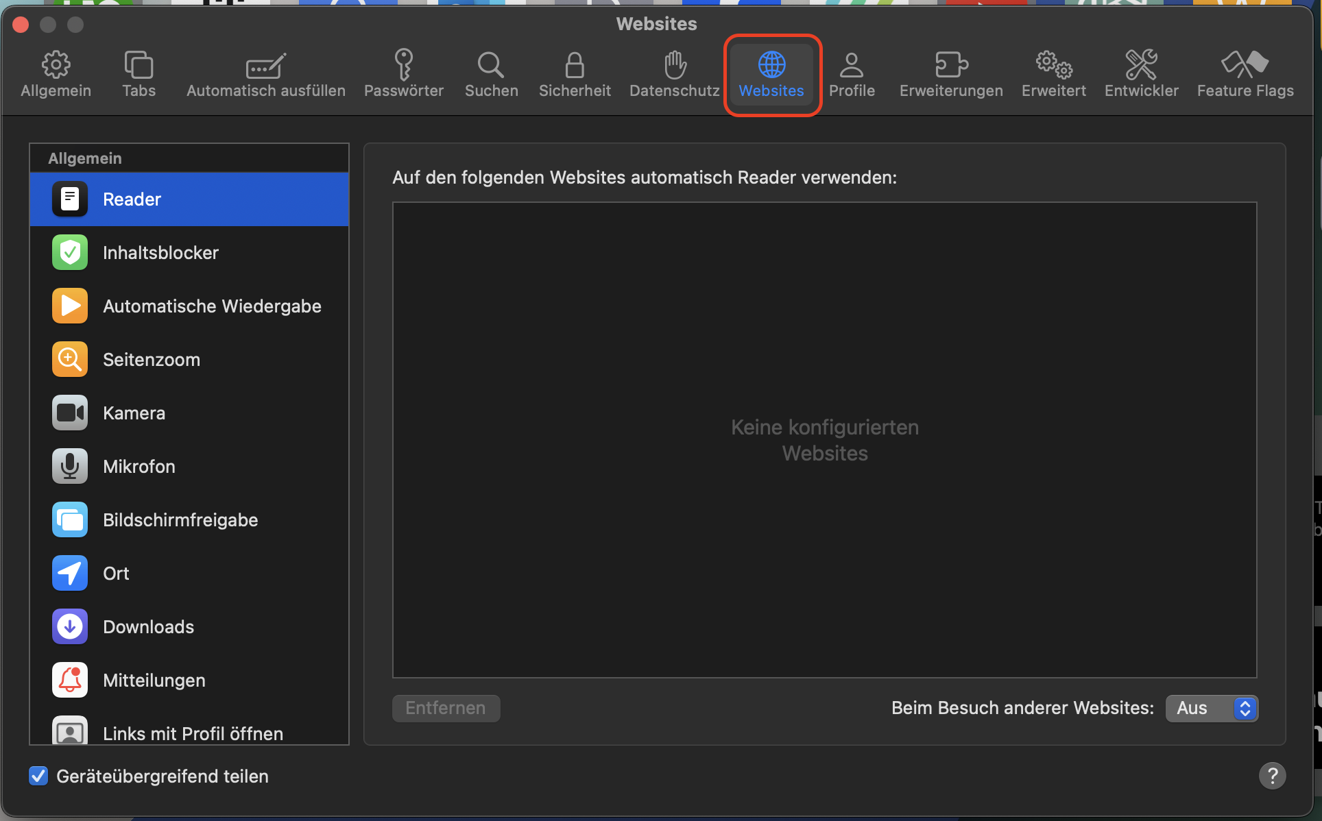 Nachdem Sie die Einstellungen geöffnet haben, können Sie auf die Registerkarte Websites klicken, wo Sie eine Liste der verfügbaren Plugins finden – darunter auch Flash Player, sofern Ihre Safari-Version diesen unterstützt.