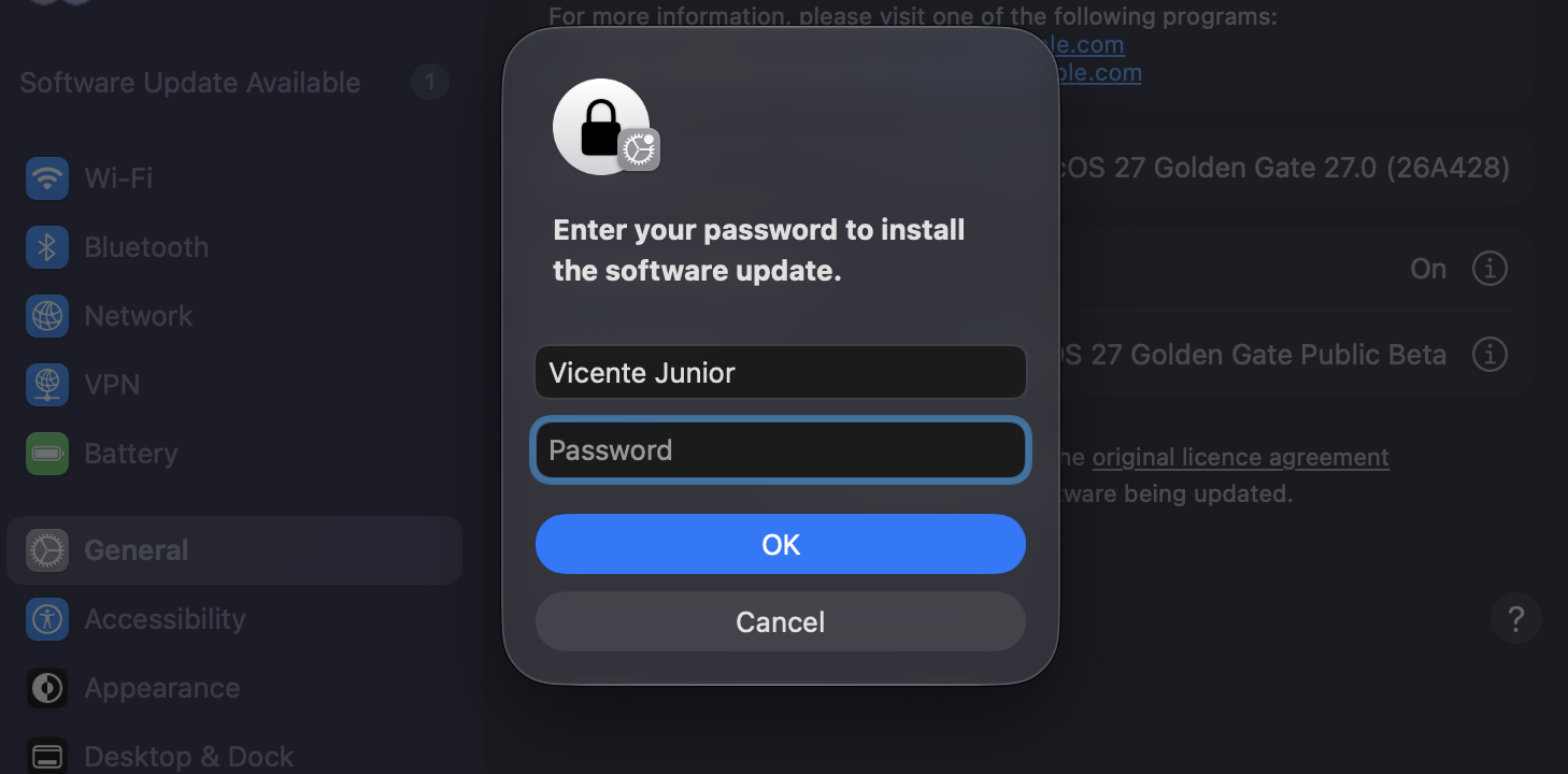 macOS password dialog on an Apple computer asking you to enter your password to install, with the OK button to start the macOS 27 install.