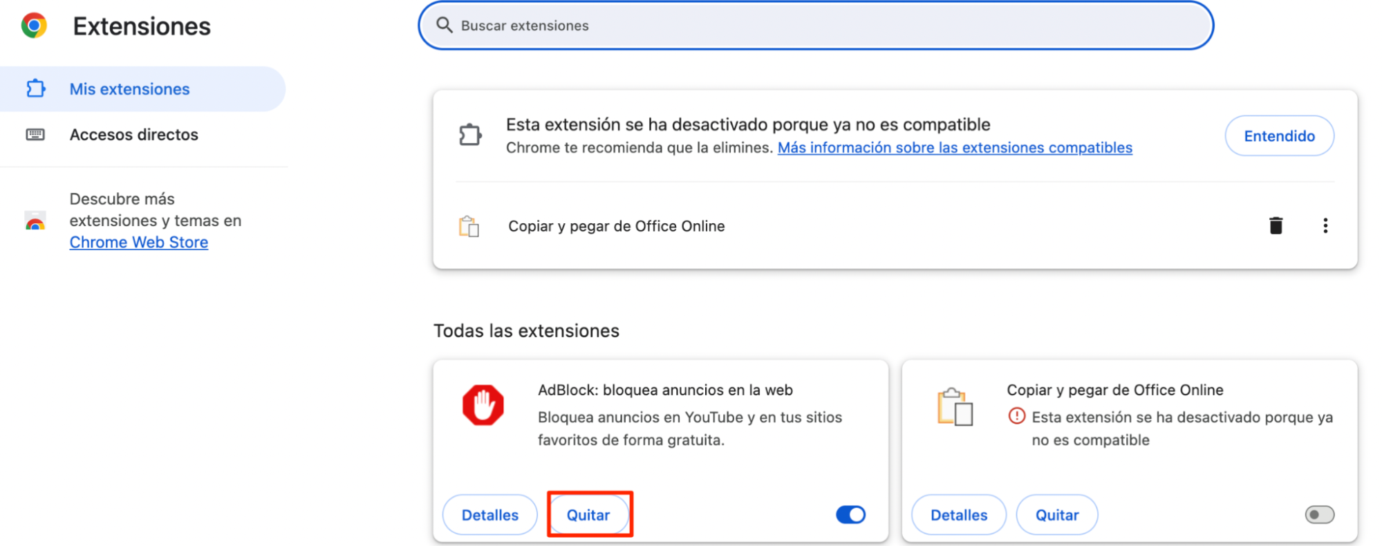 La pantalla de Extensiones de Chrome, con Quitar resaltado debajo de una extensión. Cómo quitar extensiones, como parte de una guía sobre cómo eliminar las ventanas emergentes falsas de McAfee en Mac.