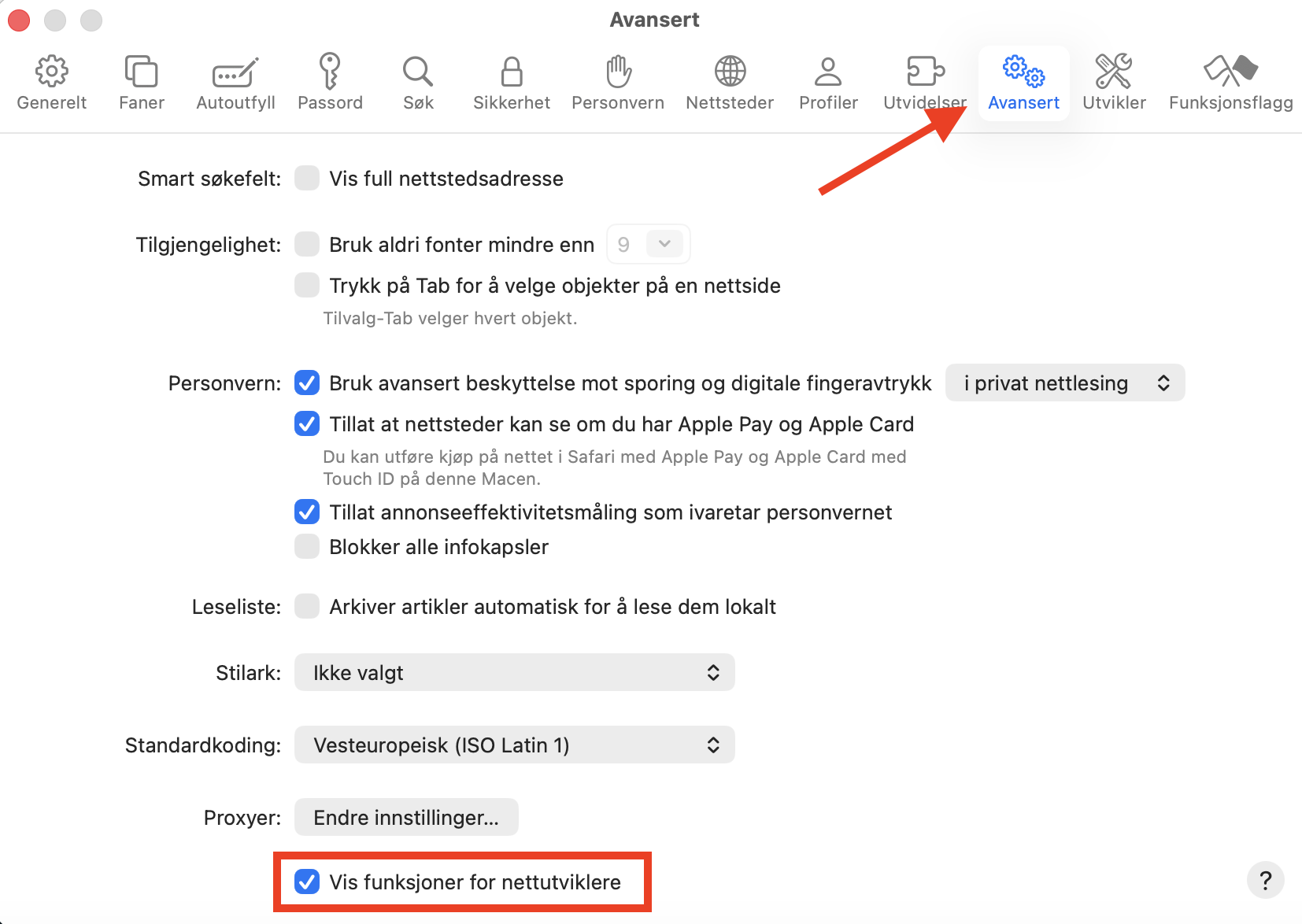 Avansert-menyen inne i Safaris innstillingsmeny på Mac. Du må aktivere Vis funksjoner for nettutviklere for å kunne tømme buffere og frigjøre plass på Mac.