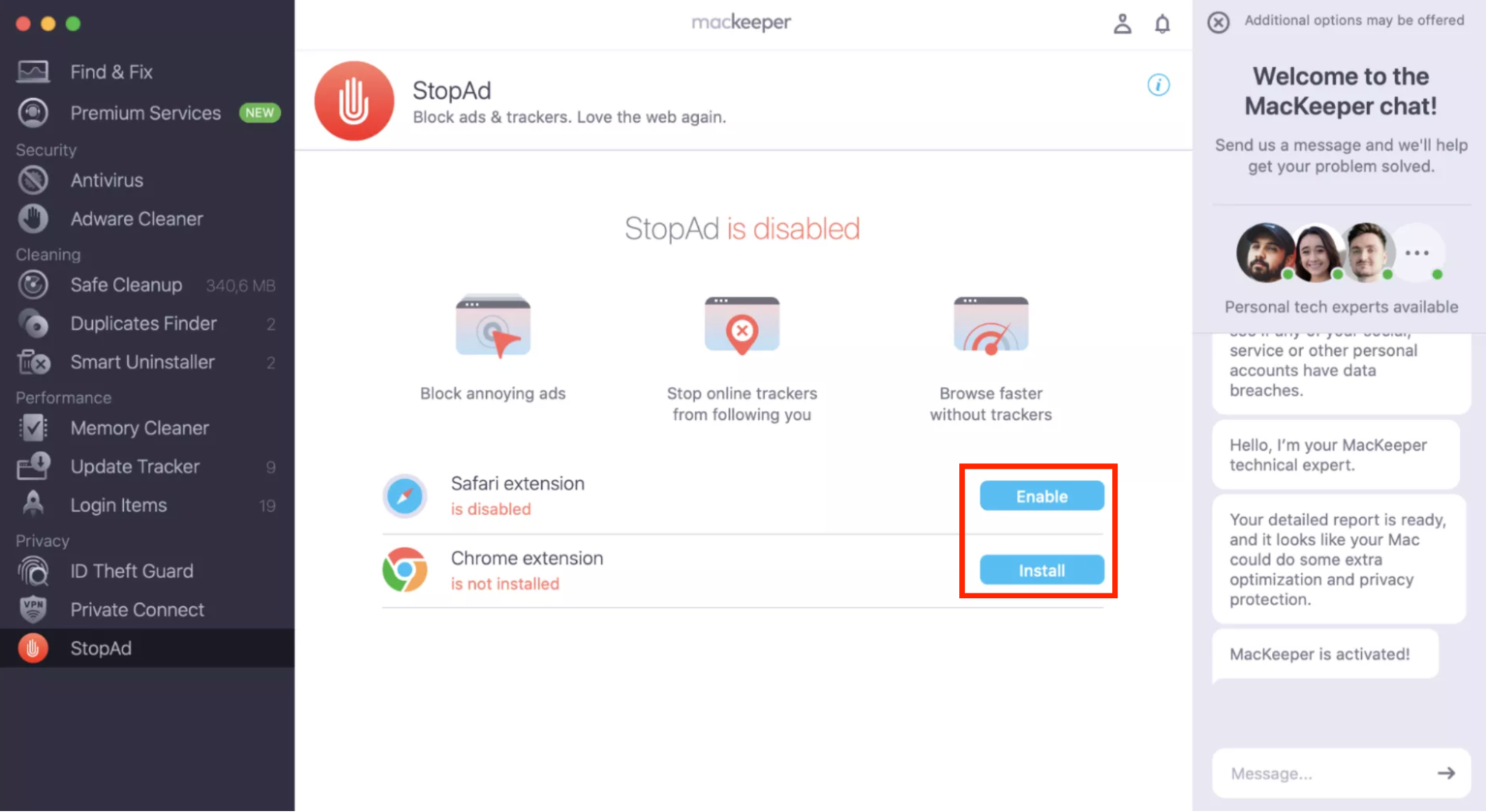 The StopAd feature inside MacKeeper on Mac. Select Enable or Install next to Safari or Google Chrome, then follow the steps on screen to enable StopAd and mute annoying ads in background tabs.