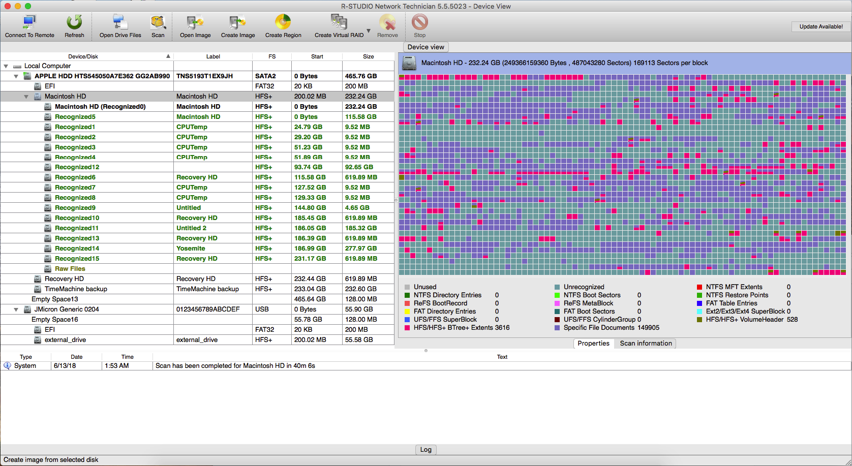 R-Studio for Mac Device View on an Apple computer, mapping Macintosh HD sectors after a scan for advanced data and RAID recovery.