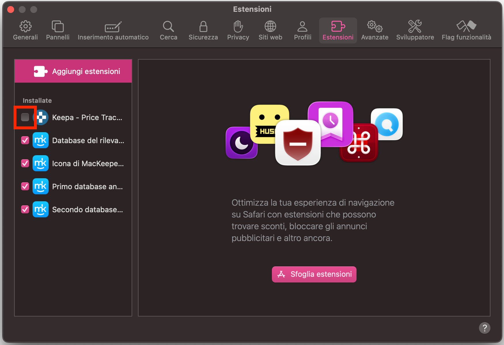 Per disabilitare le estensioni in Safari, clicca su Safari nella barra dei menu e seleziona Impostazioni. Nella scheda Estensioni, deseleziona la casella a sinistra dell’estensione.