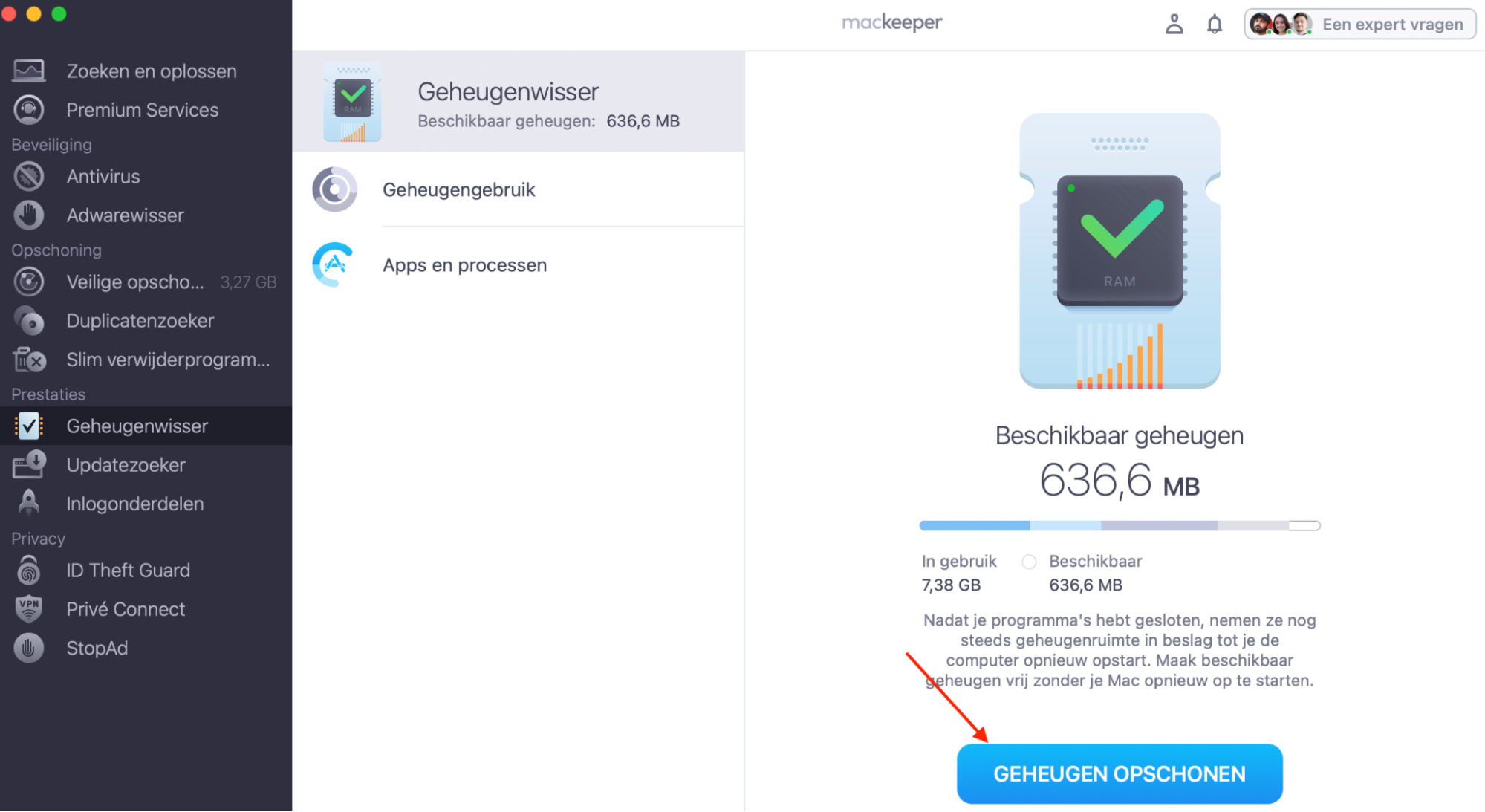 De tool ‘Geheugenwisser’ in MacKeeper op de Mac toont geheugenstatistieken. Klik op ‘Reinig geheugen’ om onnodige gegevens uit het RAM-geheugen van je Mac te verwijderen.