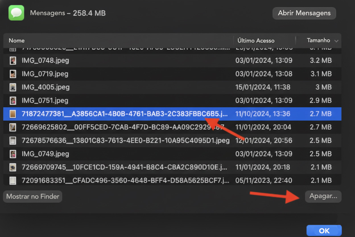 O menu Armazenamento dentro dos Ajustes do Sistema no Mac mostra a ferramenta para remover mídias indesejadas no Mensagens. Selecione as fotos e vídeos que você não quer mais e clique em Apagar.