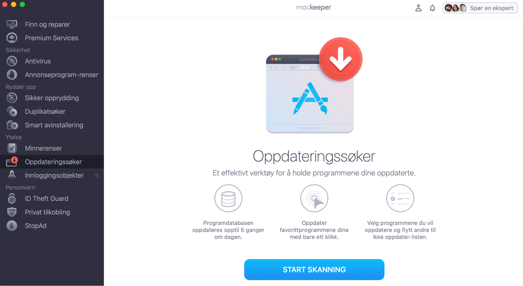 I vinduet Oppdateringssøker, åpnet fra venstre i MacKeepers appgrensesnitt, ser du alternativet for å skanne etter oppdateringer nederst i midten.