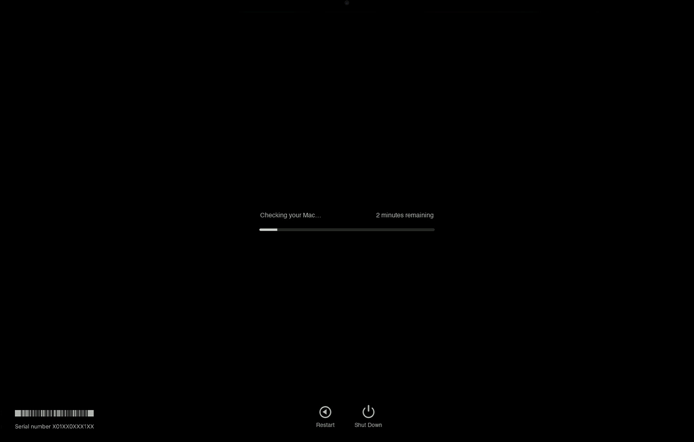 O Apple Diagnostics no macOS mostra o processo de teste. Aguarde a conclusão do teste e depois veja os códigos de referência para identificar qualquer problema no seu Mac.