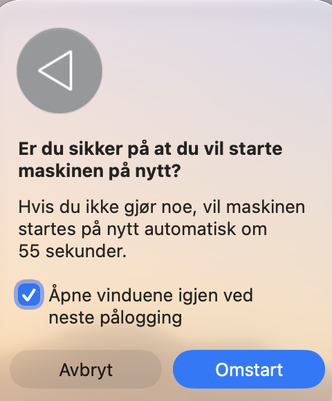 Når du har valgt Start på nytt, må du fjerne avmerkingen for «Åpne vinduer igjen ved pålogging». Dette sikrer at apper som ikke svarer, ikke åpnes på nytt etter omstarten, noe som kan bidra til å løse problemer med en Mac som har låst seg eller kjører tregt.