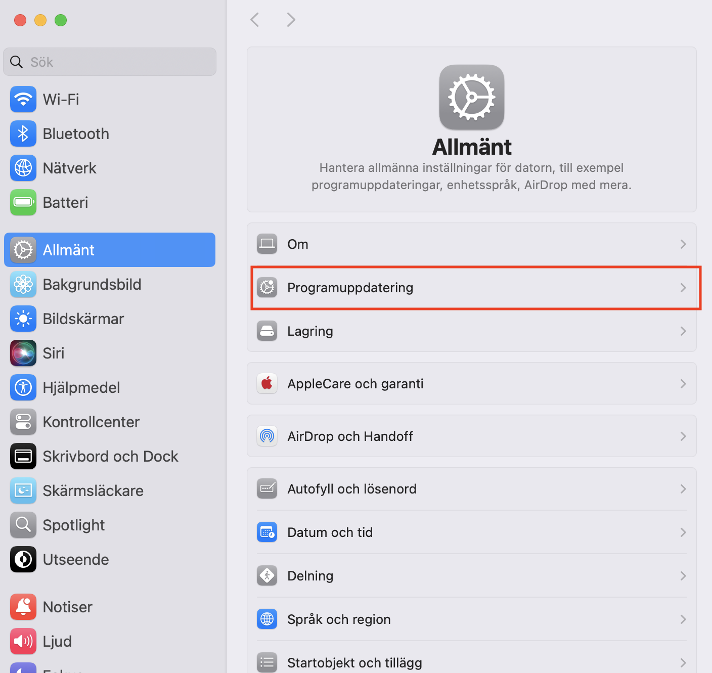 Du kan se om det finns macOS-uppdateringar i dina Systeminställningar. Gå till området Allmänt > Programuppdatering för att söka efter uppdateringar.