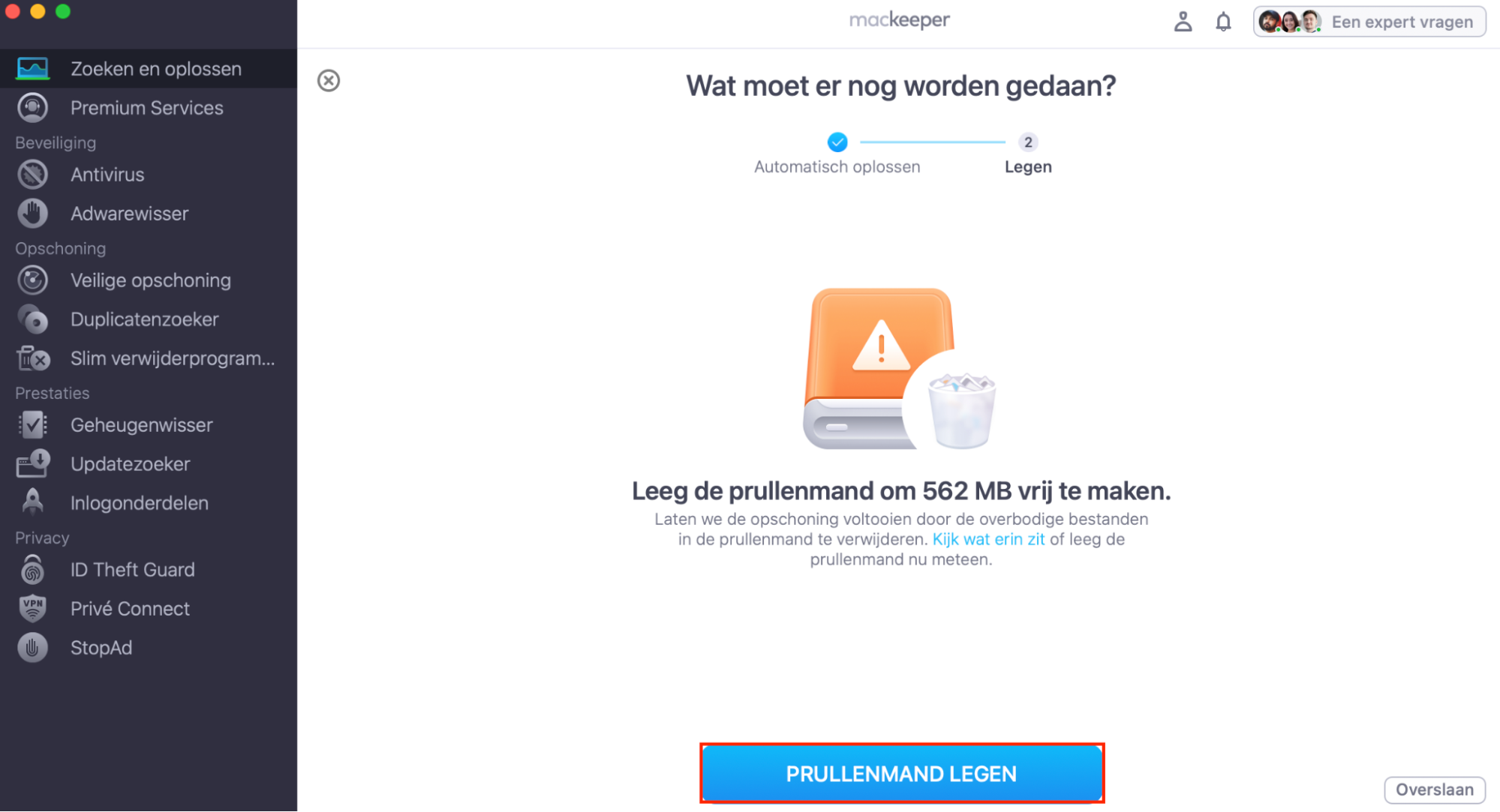 Nadat MacKeeper de problemen met je speakers en andere onderdelen heeft opgelost, kun je ervoor kiezen om je prullenmand te legen. Dit is niet verplicht, dus klik op Sla over als dit niet van toepassing is.
