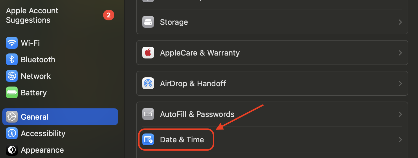 Open System Settings from the Apple menu, select General in the sidebar, then choose Date & Time to manage time and date configurations.