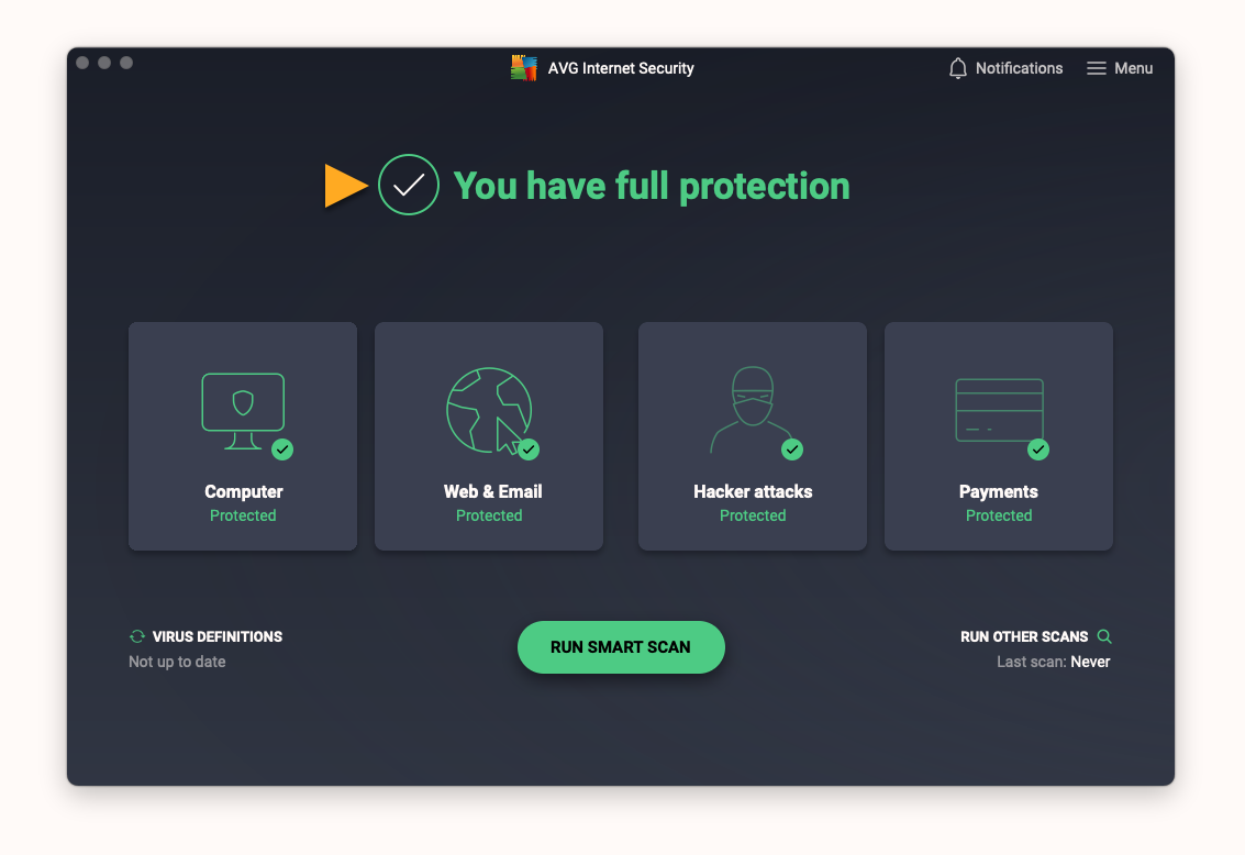 Open AVG on your Mac and review the main panel, where the scan control and the current protection status are shown together.