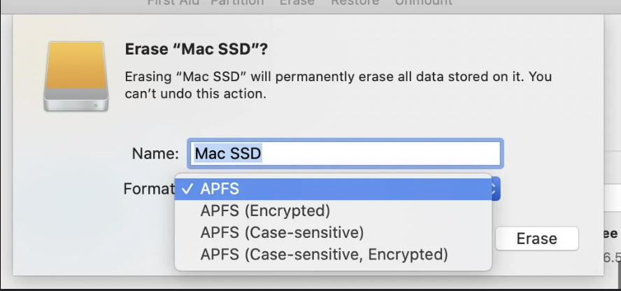 Disk Utility is opened on a Mac. Select your startup disk and click the Erase button to perform a macOS Catalina factory reset.