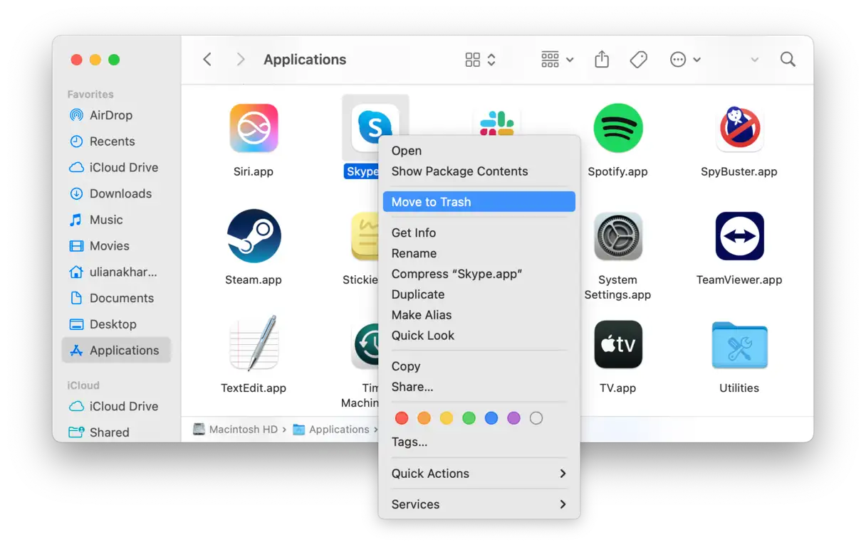 Locate Skype in your Applications folder, then drag its icon to the Trash or right-click the icon and choose Move to Trash to delete the app.