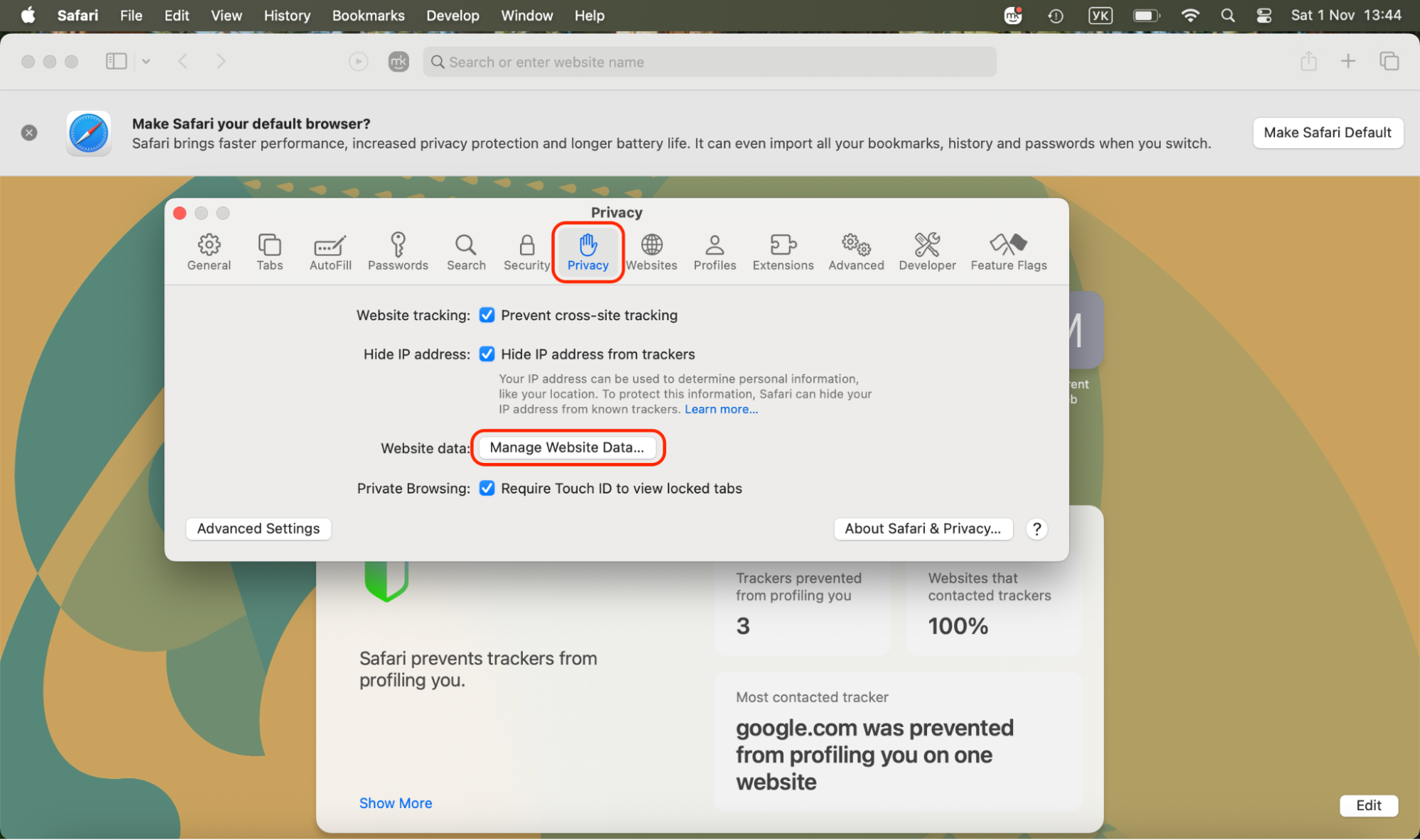 In Safari settings, open the Privacy tab, click Manage Website Data, and proceed to view or remove stored cookies and site files as needed.