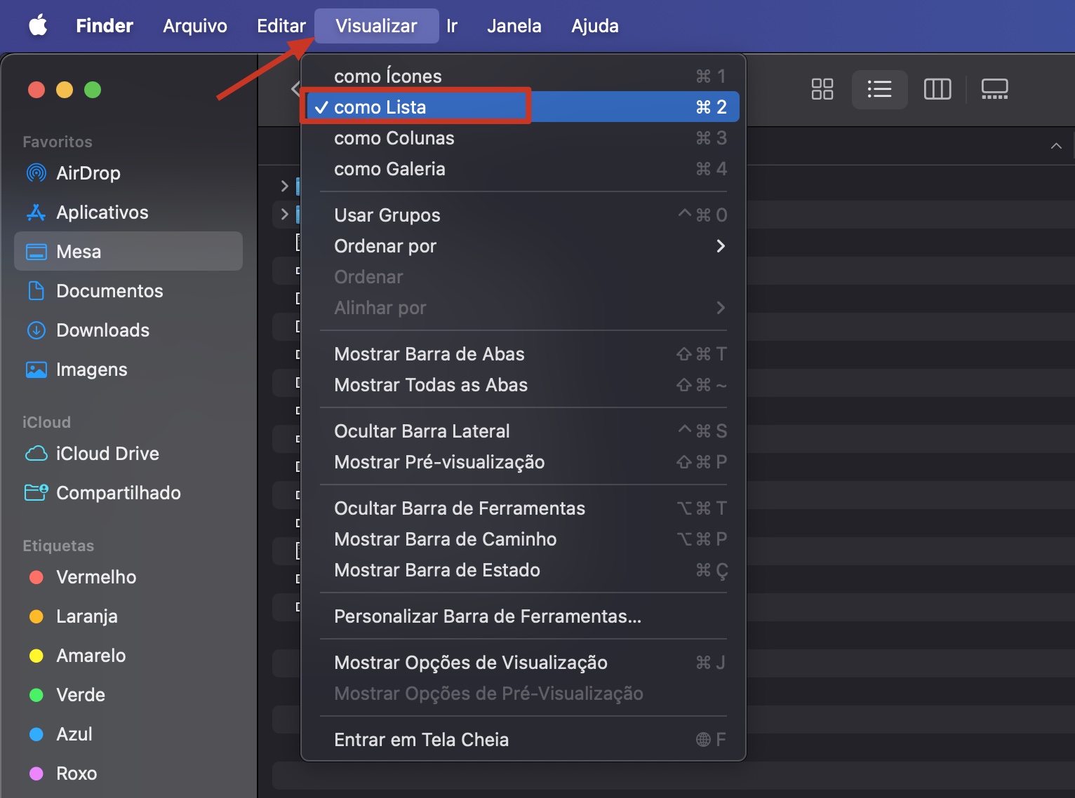 O menu Visualizar no Finder do Mac. Para classificar seus arquivos por tamanho e liberar espaço no disco, primeiro selecione a opção como Lista.