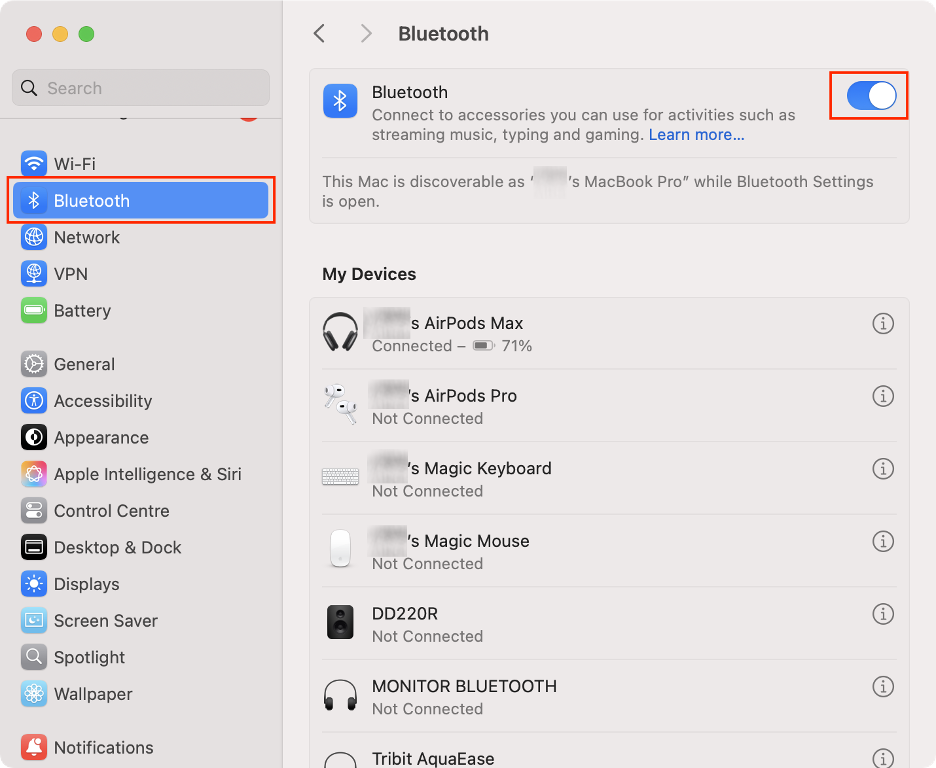 To make your AirPods discoverable on your Mac, go to the Bluetooth’s menus in System Settings, then make sure the Bluetooth toggle is on.