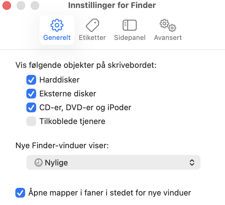 I vinduet Finder-innstillinger klikker du på fanen Generelt, og under «Vis disse elementene på skrivebordet» sørger du for at «Eksterne disker» er merket av.