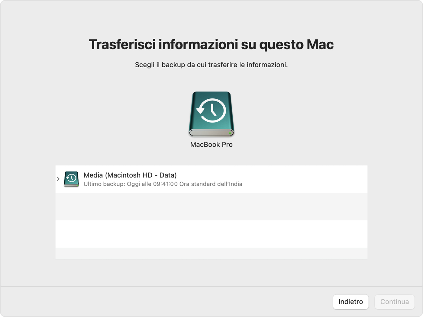Scegliete il backup di Time Machine da ripristinare. Dovrebbe essere uno di quelli eseguiti prima della comparsa del sospetto malware sul Mac.