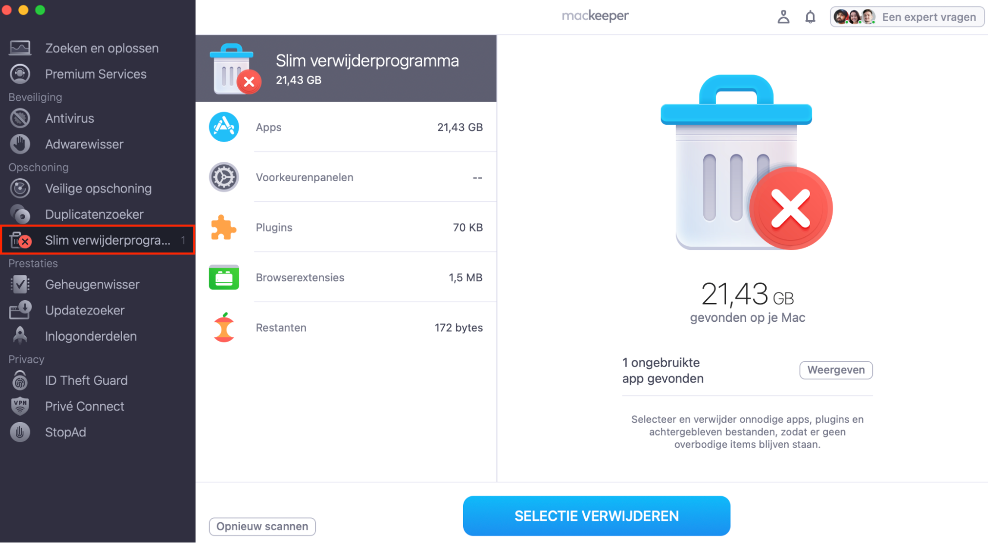 Selecteer de bestanden die je wilt verwijderen en klik vervolgens op Selectie verwijderen.