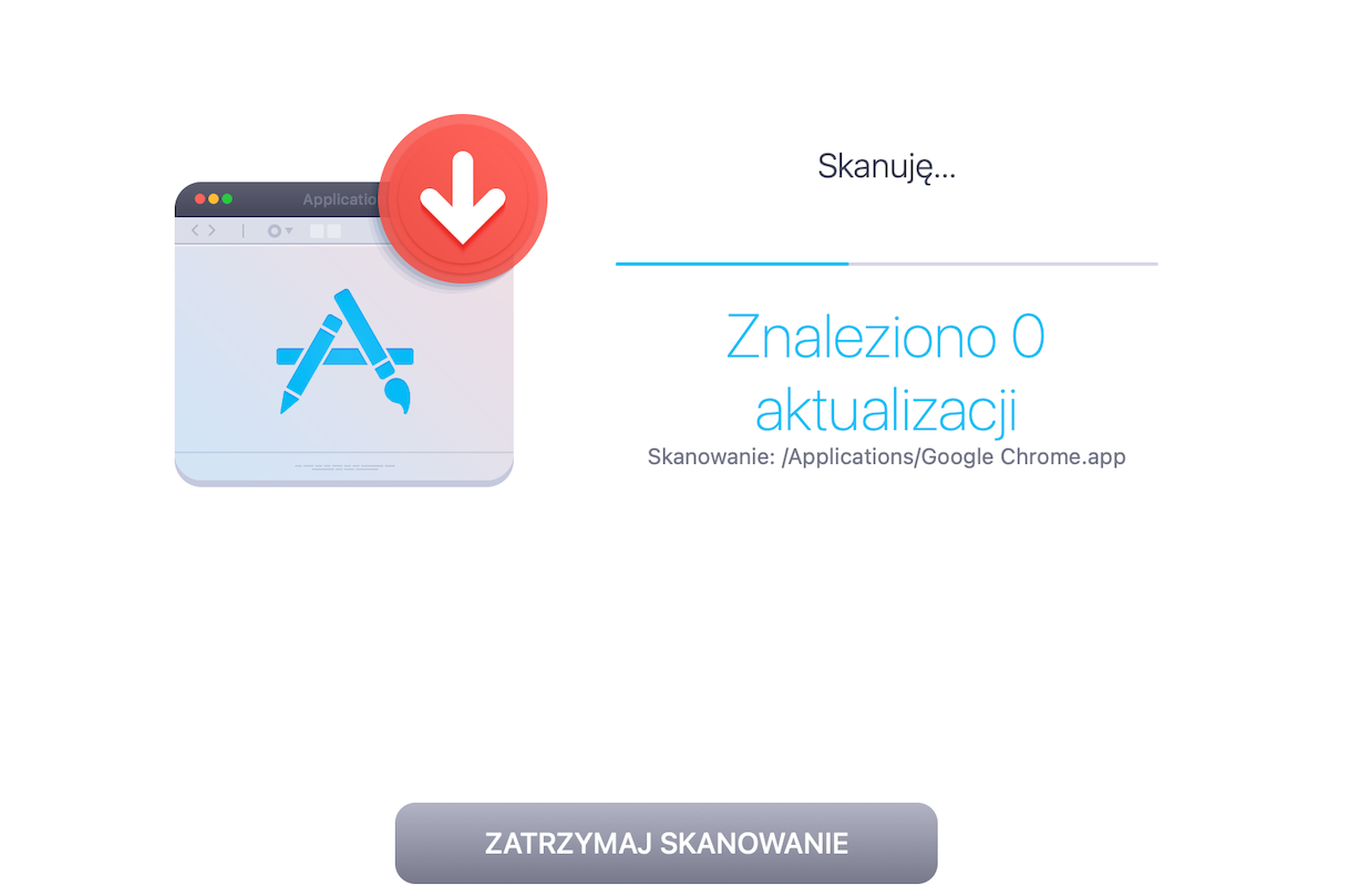 Aktywne okno Aktualizatora pokazuje proces skanowania w aplikacji MacKeeper, co podpowiada użytkownikowi o niezbędnych aktualizacjach oprogramowania.