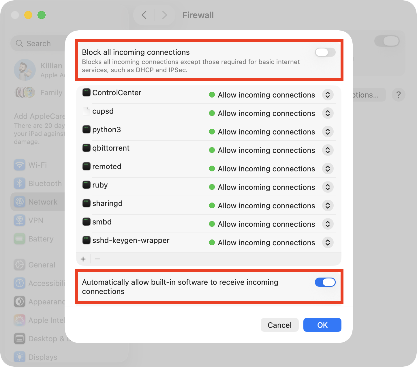 The firewall settings inside System Settings > Network on Mac. Confirm your firewall settings are correct to avoid NSURLErrorDomain error -1012 on Mac