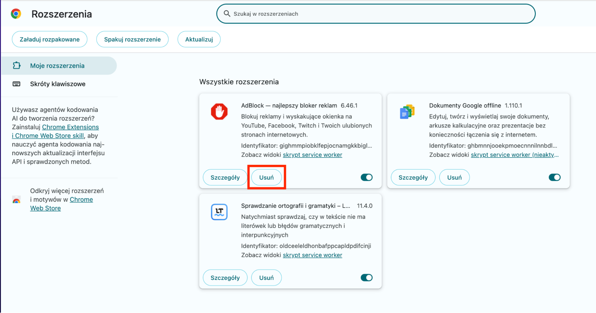 Aby usunąć rozszerzenie z Chrome, znajdź je na liście, a następnie kliknij przycisk Usuń. Potwierdź usunięcie, a rozszerzenie zniknie.