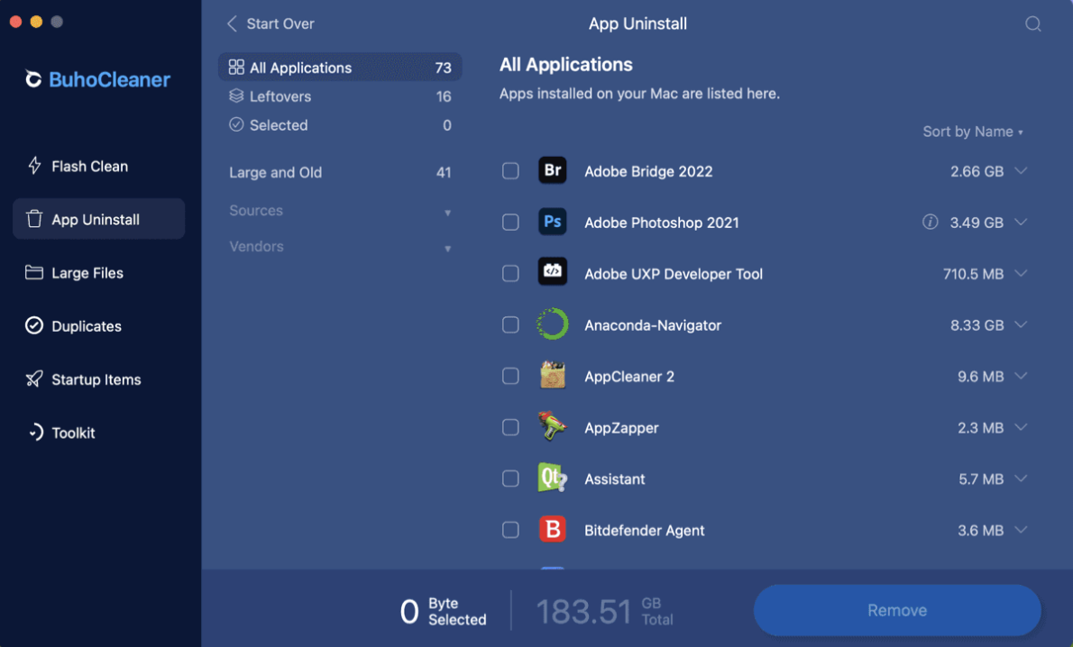 O BuhoCleaner, para Mac, é uma boa ferramenta de desinstalação para remover a bagunça digital do seu dispositivo em apenas alguns passos simples. Uma varredura rápida mostra todos os aplicativos instalados no seu Mac e permite que você decida quais deseja remover, organizados do maior para o menor em tamanho, liberando assim mais espaço no disco.