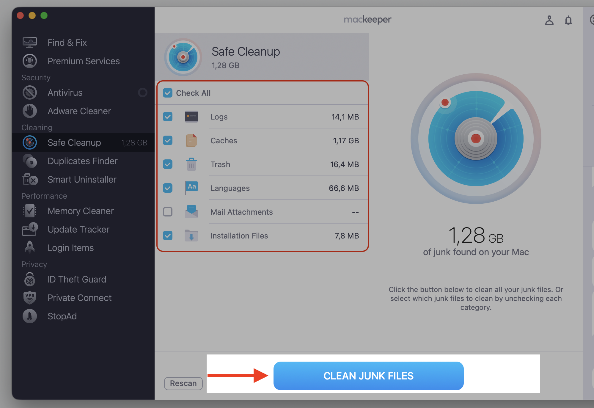 MacKeeper's  Safe Cleanup results on an iMac, with every category checked and the Clean Junk Files button ready to free up storage space.