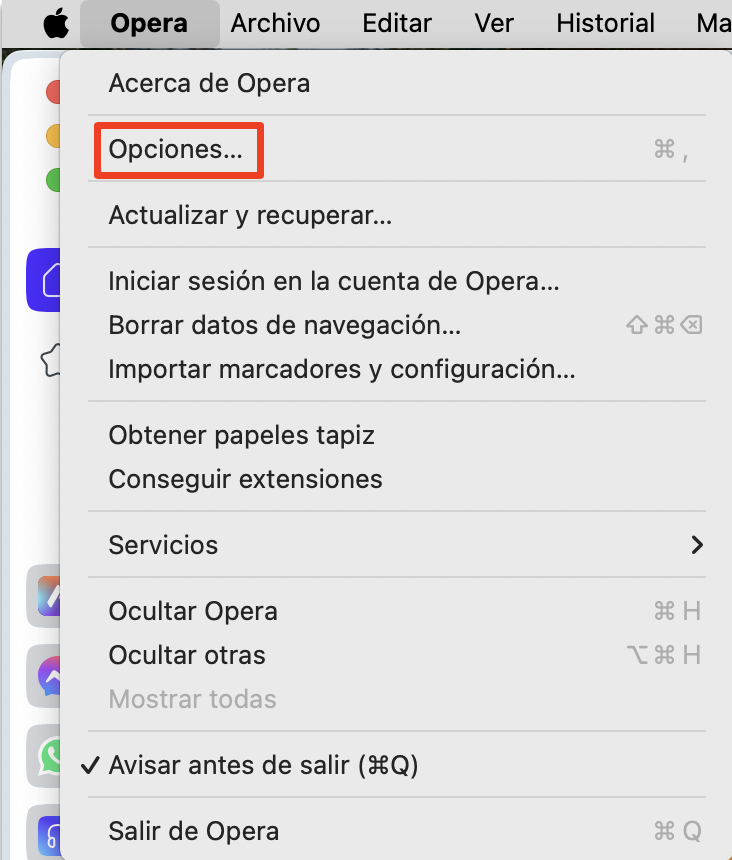 El menú de Opera en un Mac, con Opciones resaltado. Cómo arreglar servicio de cuentas quiere acceder al llavero de inicio de sesión en el navegador.
