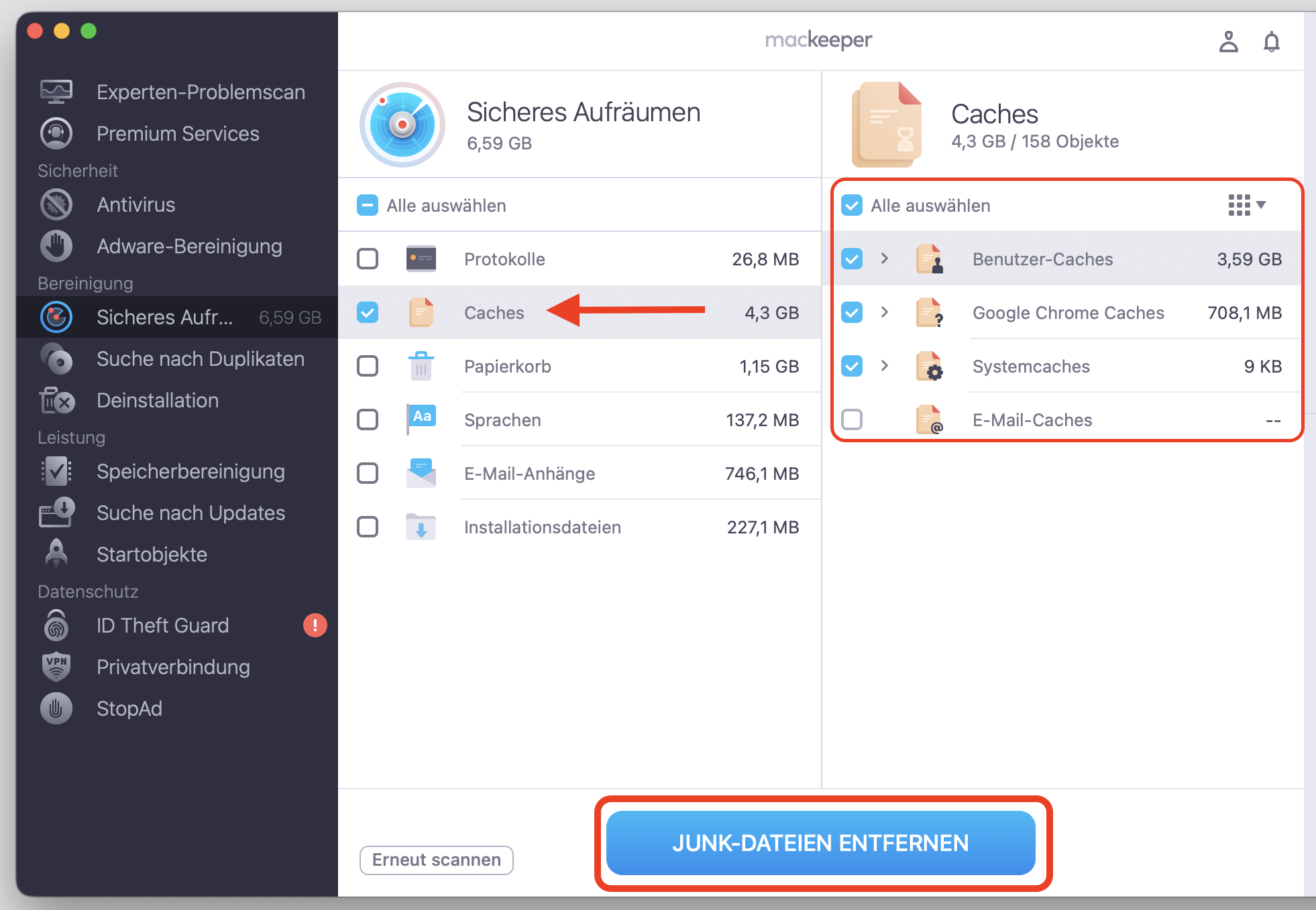 Wenn die Ergebnisse auf Ihrem Gerät angezeigt werden, setzen Sie ein Häkchen neben Caches. Anschließend müssen Sie auf Junk-Dateien bereinigen klicken, um alles von Ihrem Mac mit Monterey zu entfernen.