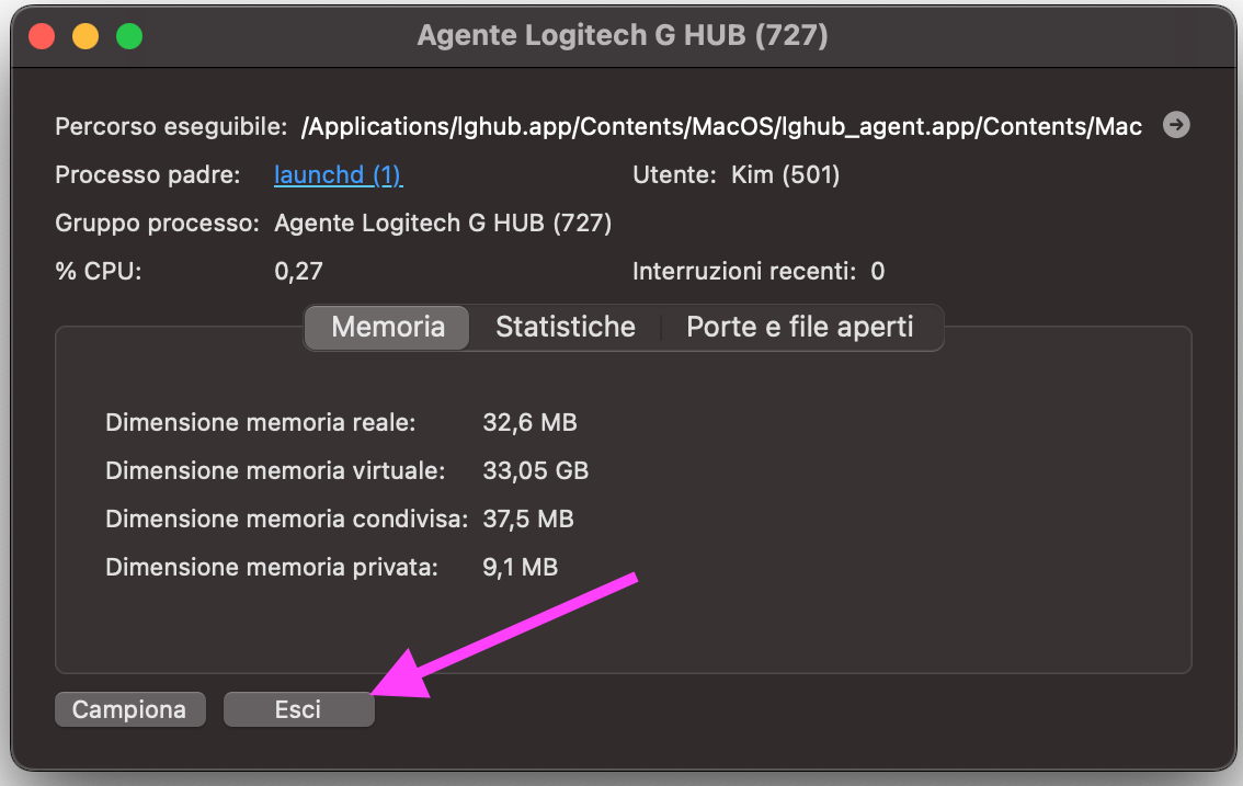 Monitoraggio Attività su Mac mostra i dettagli di un processo in esecuzione. Per killarlo, clicca su Esci e conferma quando richiesto.