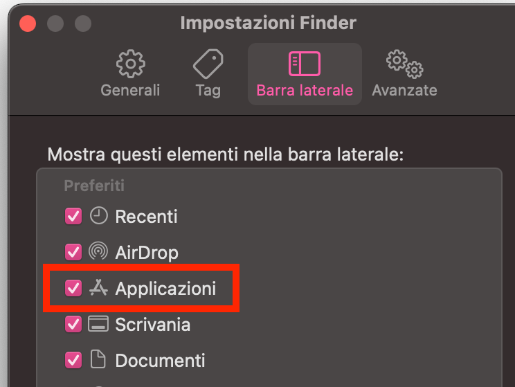 La scheda Barra laterale all'interno del menu delle impostazioni del Finder su Mac. Se hai bisogno di sapere dove si trova la cartella Applicazioni e non riesci a trovarla, assicurati che Applicazioni sia attivata nella scheda Barra laterale per vederla nel Finder.