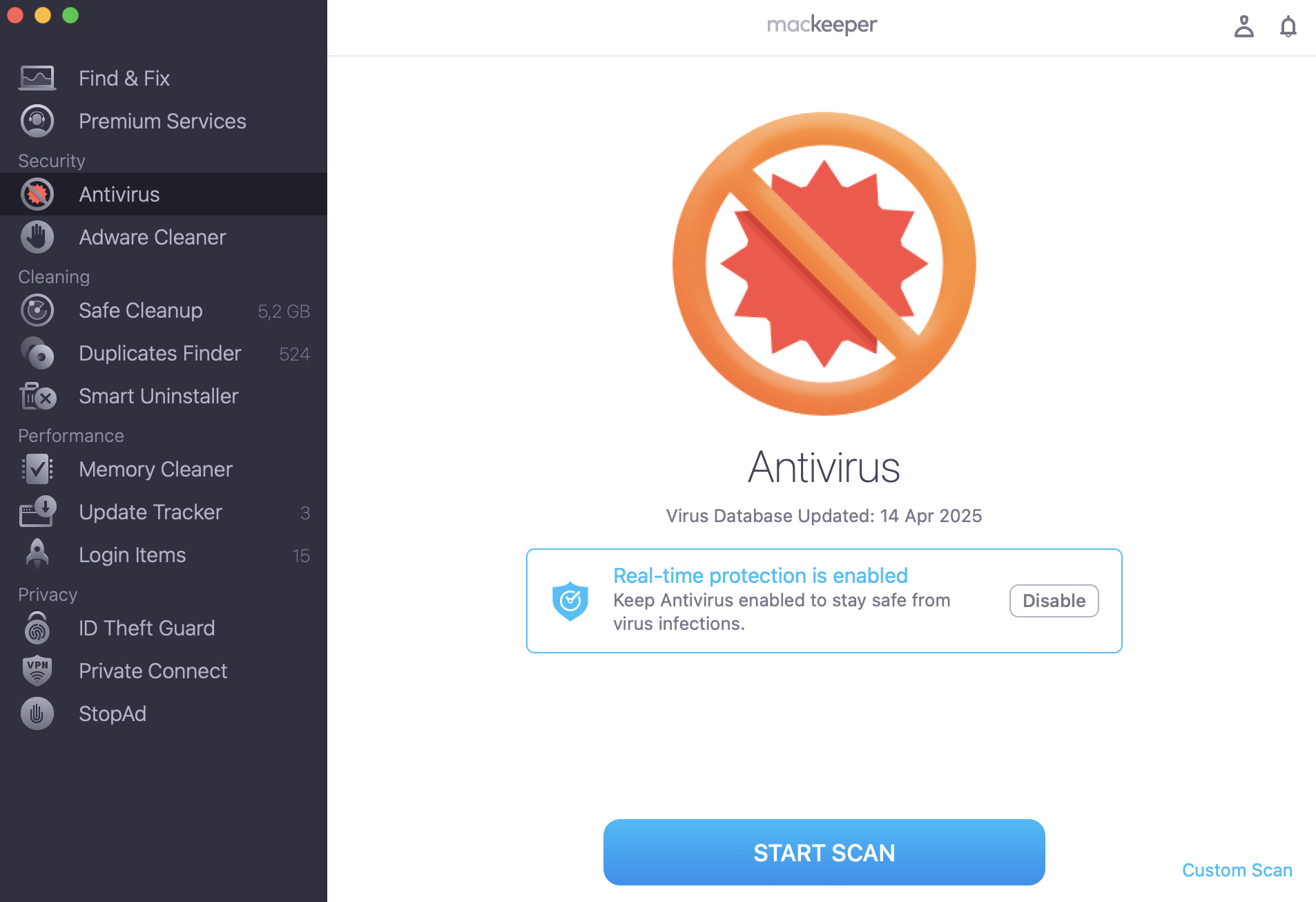 To remove the Search Alpha virus from your Mac and prevent new threats from appearing, launch MacKeeper and select Antivirus from the menu on the left. Click the Start Scan button.