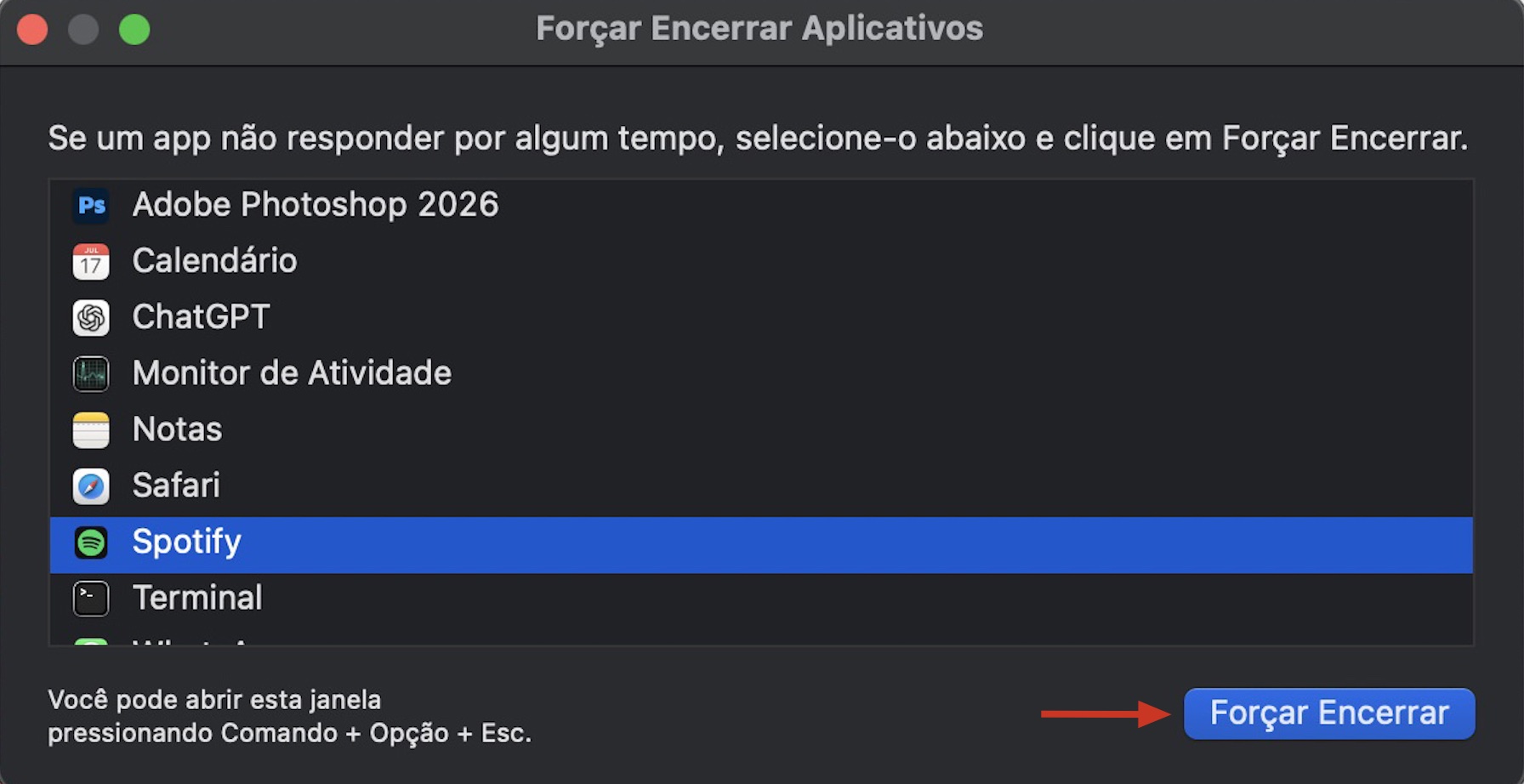 O menu Forçar Encerrar Aplicativos no Mac mostra uma lista de todos os apps em execução. Selecione um que você deseja parar e, em seguida, clique em Forçar Encerrar.